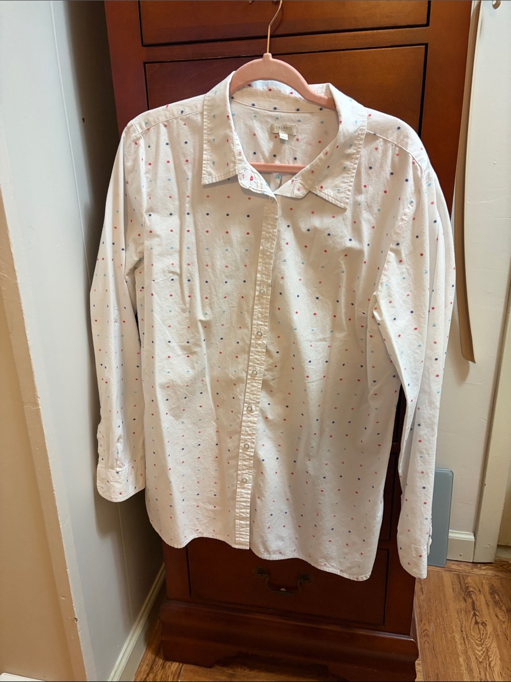 Talbots White Button-Down Shirt with Red and Blue Dot Pattern